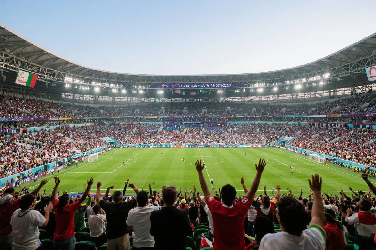 2026世界杯比赛现场,绿茵场上球员在激烈拼抢,看台坐满观众